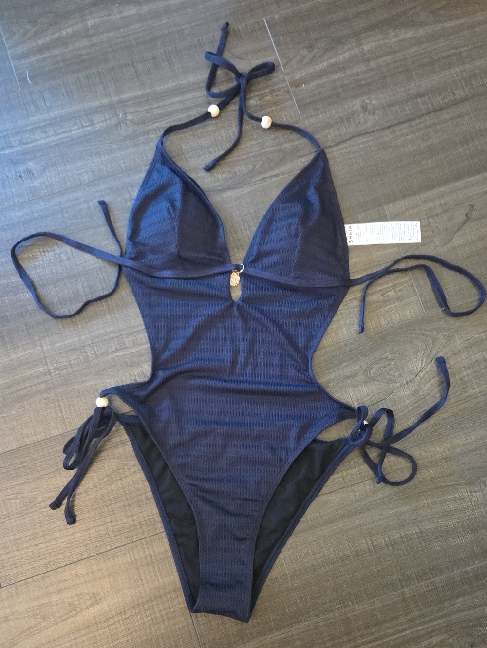 SHEIN Navy Ribbed Cutout One-Piece Swimsuit with Tie Details